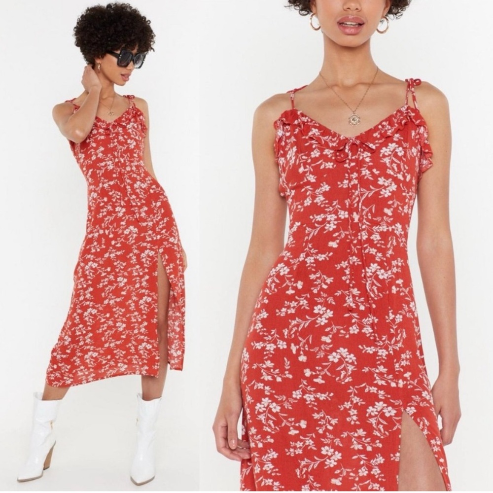 Nasty Gal Ditsy Floral Midi Dress Orange Red Cottagecore Fairy Romantic Coquette